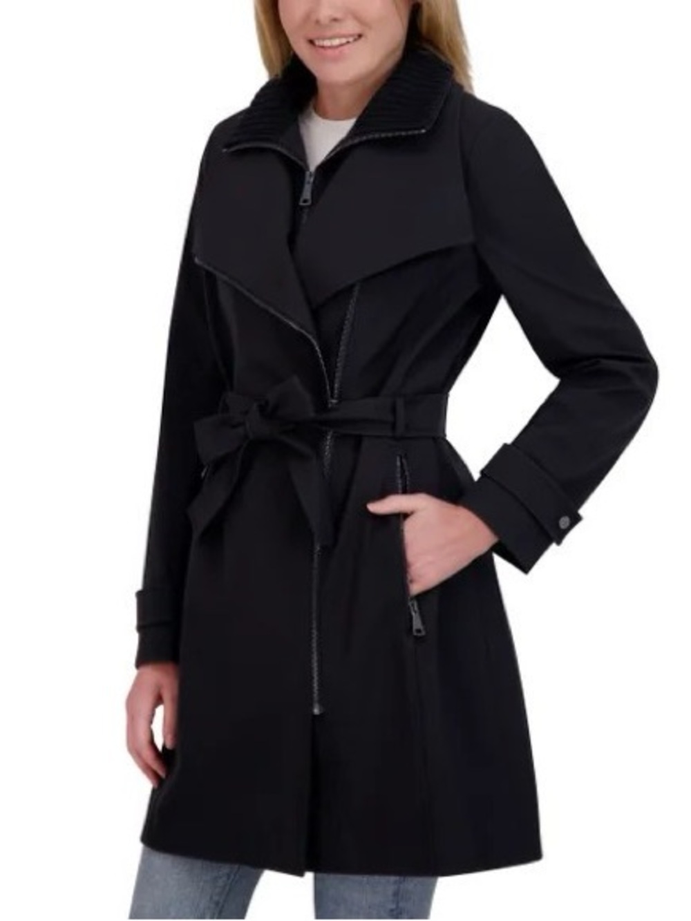 Halston Heritage Black Belted Trench Coat with Zip Details